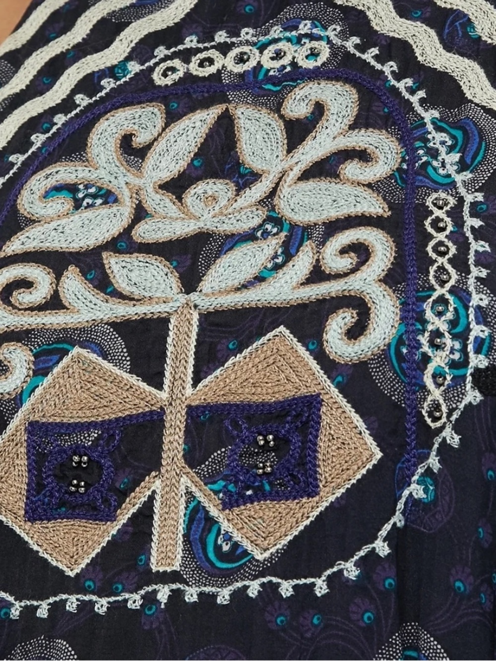 Desigual Embroidered Navy Midi Halter Dress with Teal & Cream Accents New Size L - Picture 7 of 8